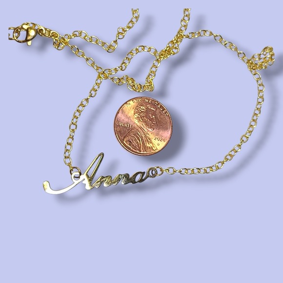 Dainty Gold‎ Tone "Anna" Spell Out Pendant Necklace 17" - Picture 4 of 6